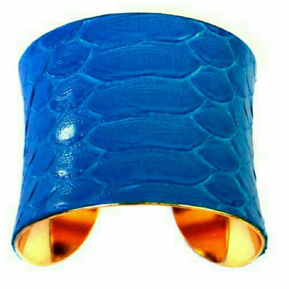 Unearthed Handmade Blue Real Snakeskin Cuff Bracelet, Wide Cuff Bracelet